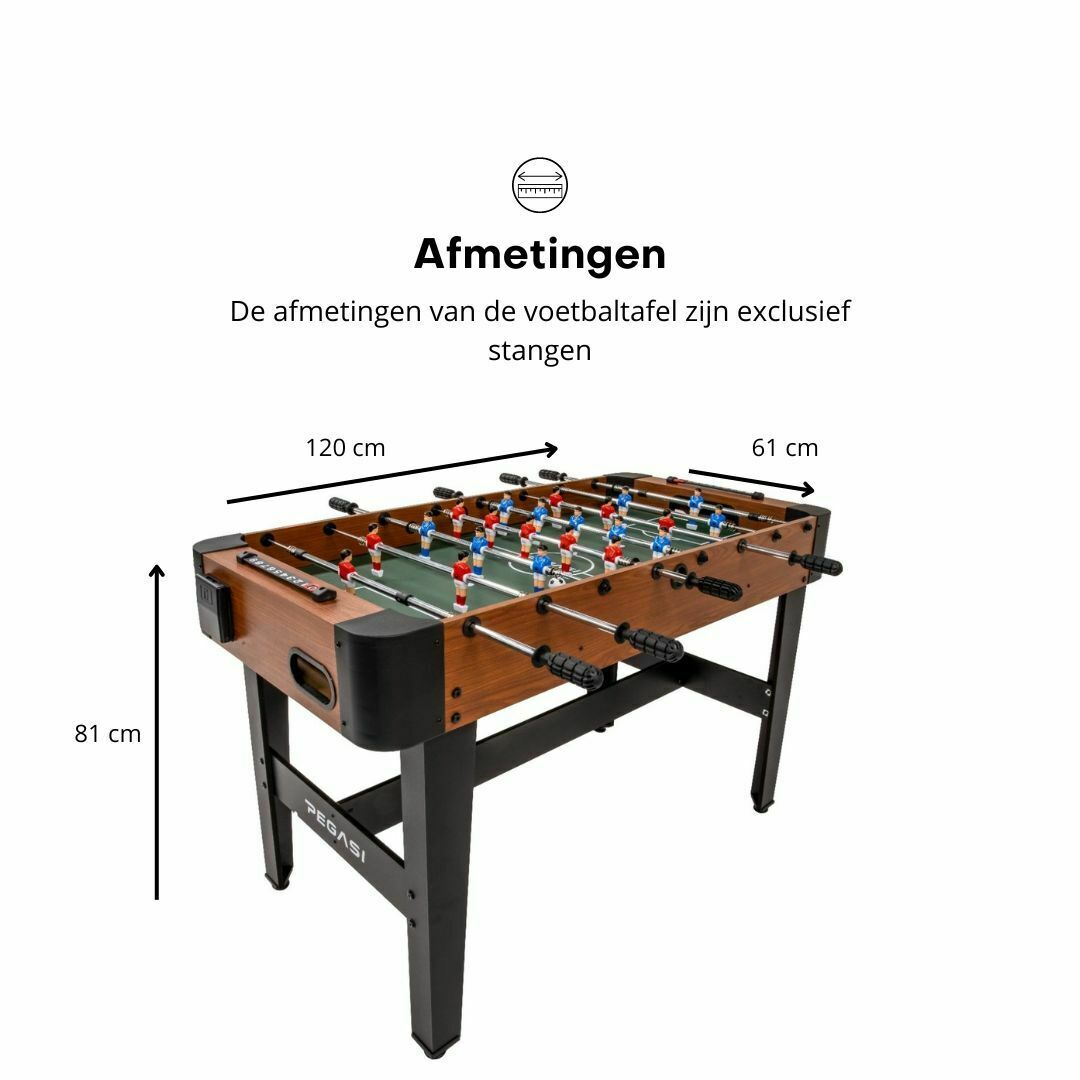 Tafelvoetbaltafel met afmetingen. Bruine body, groen veld, zwarte poten, rode/blauwe figuren.