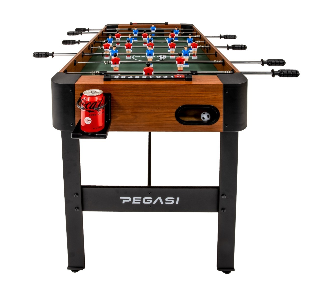 Tafelvoetbaltafel met figuren, een bekerhouder en een voetbal. Zwarte poten, houten blad.