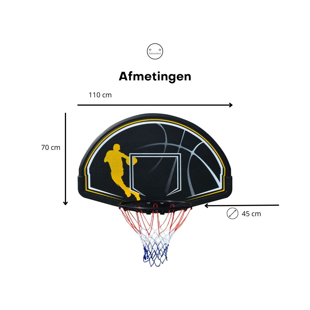 A black basketball hoop with measurements and a yellow silhouette of a player.