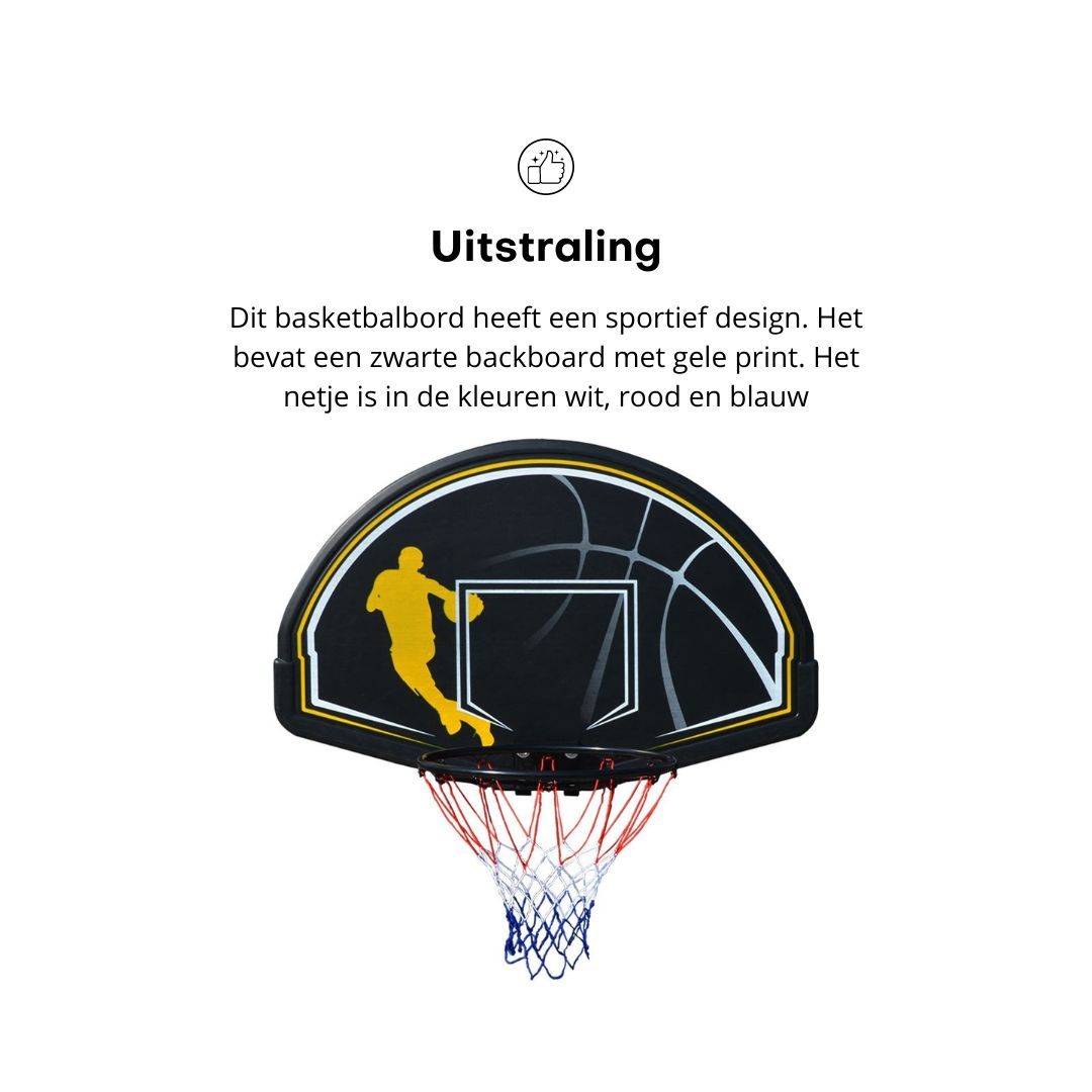 Black basketball hoop with yellow silhouette of a player, red-white-blue net, and a black backboard.