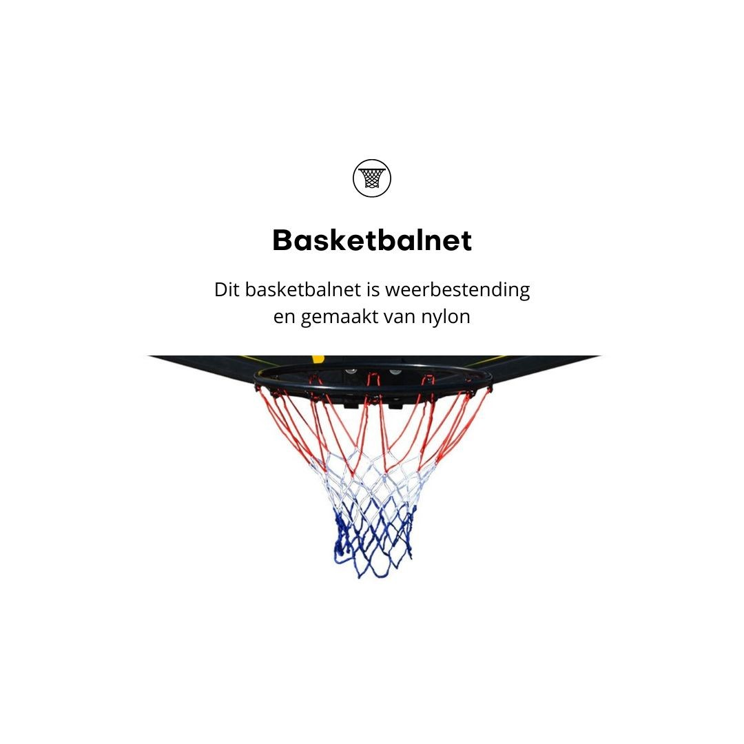 Basketball net. White, blue, and red net. White background. Text above net.