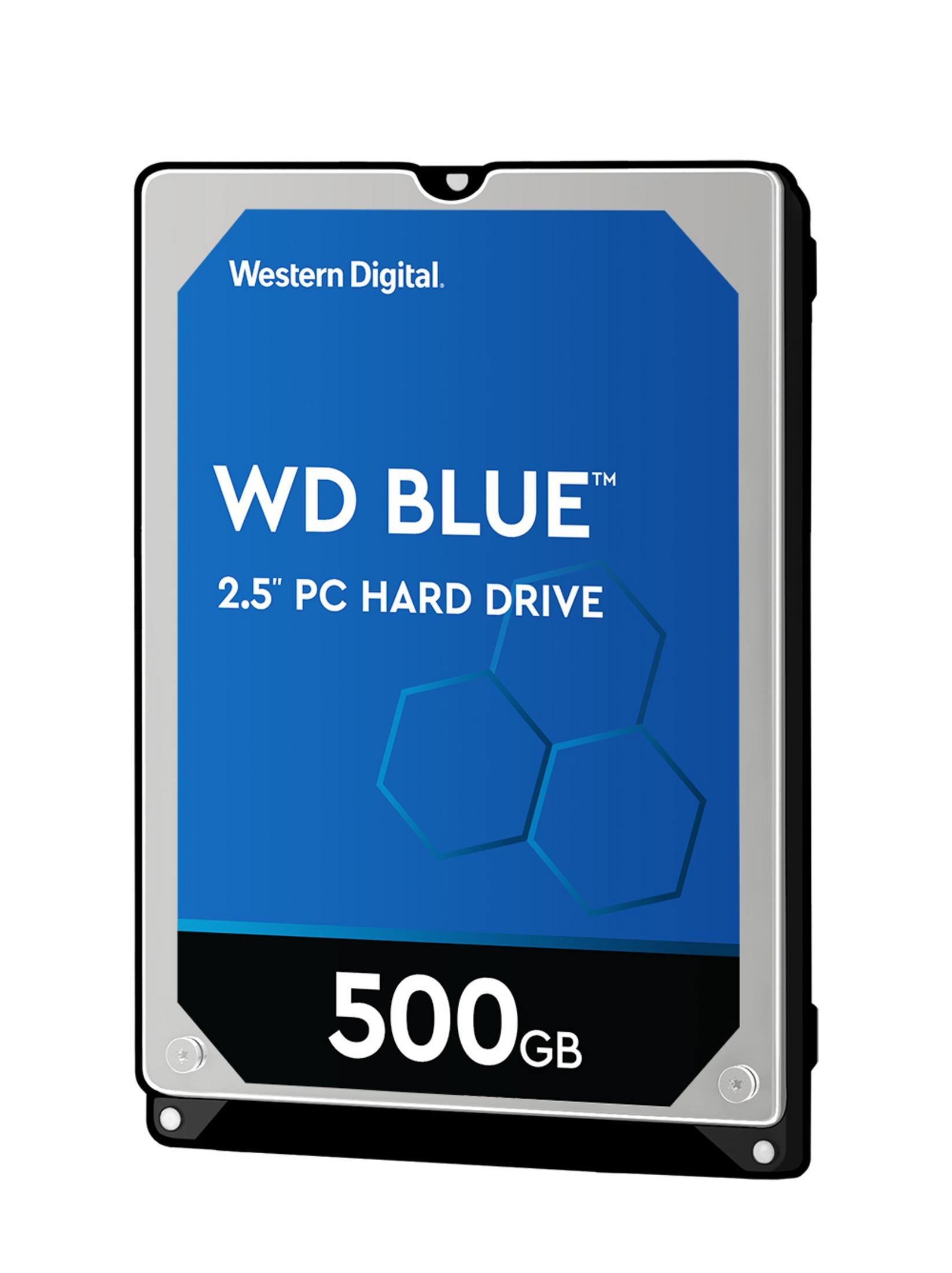 Disco rigido WD Blue 2.5" PC blu e nero su sfondo bianco.