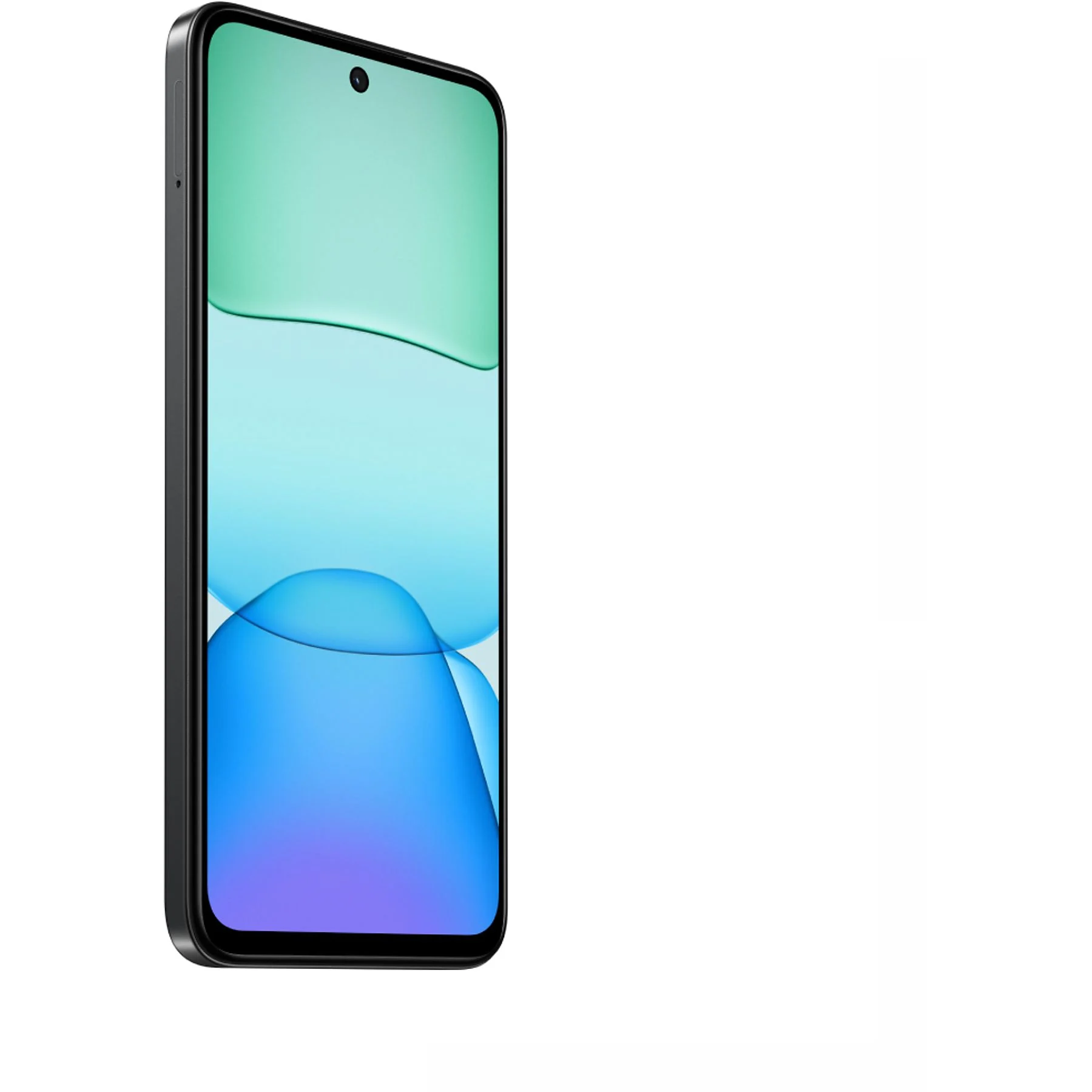 Smartphone negro con pantalla azul y verde. A la izquierda, ligeramente inclinado.