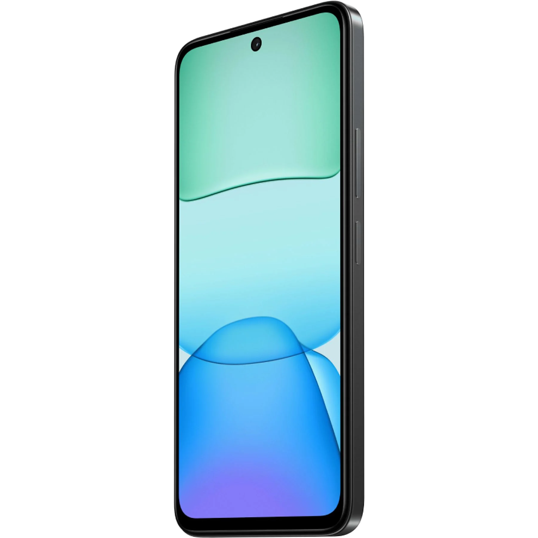 Smartphone negro, vista lateral. Tiene un marco negro, la pantalla muestra degradados.