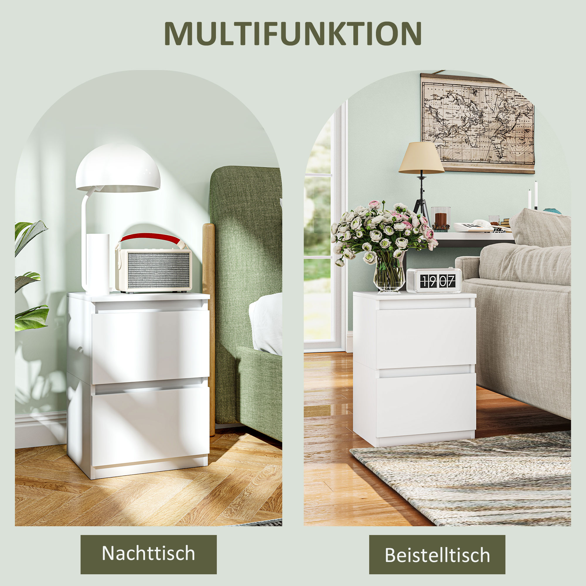 Zwei weiße Nachttische, einer mit Lampe und Radio, der andere mit Blumen und Lampe.
