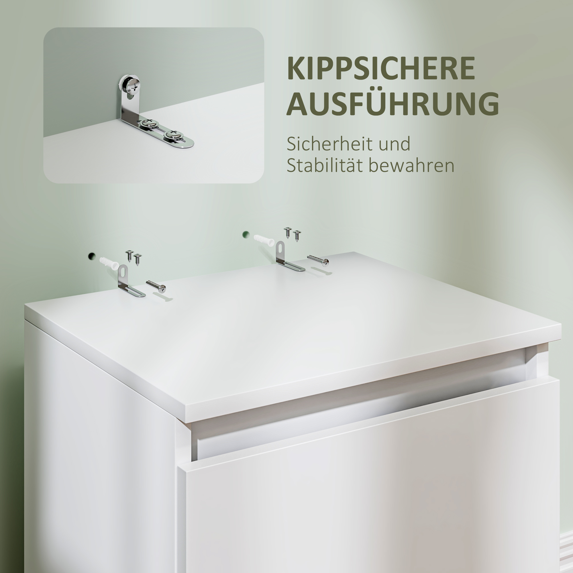Weißer Schrank und Befestigungsmaterial. Deutscher Text: 'Kippsichere Ausführung' und 'Sicherheit bewahren'.