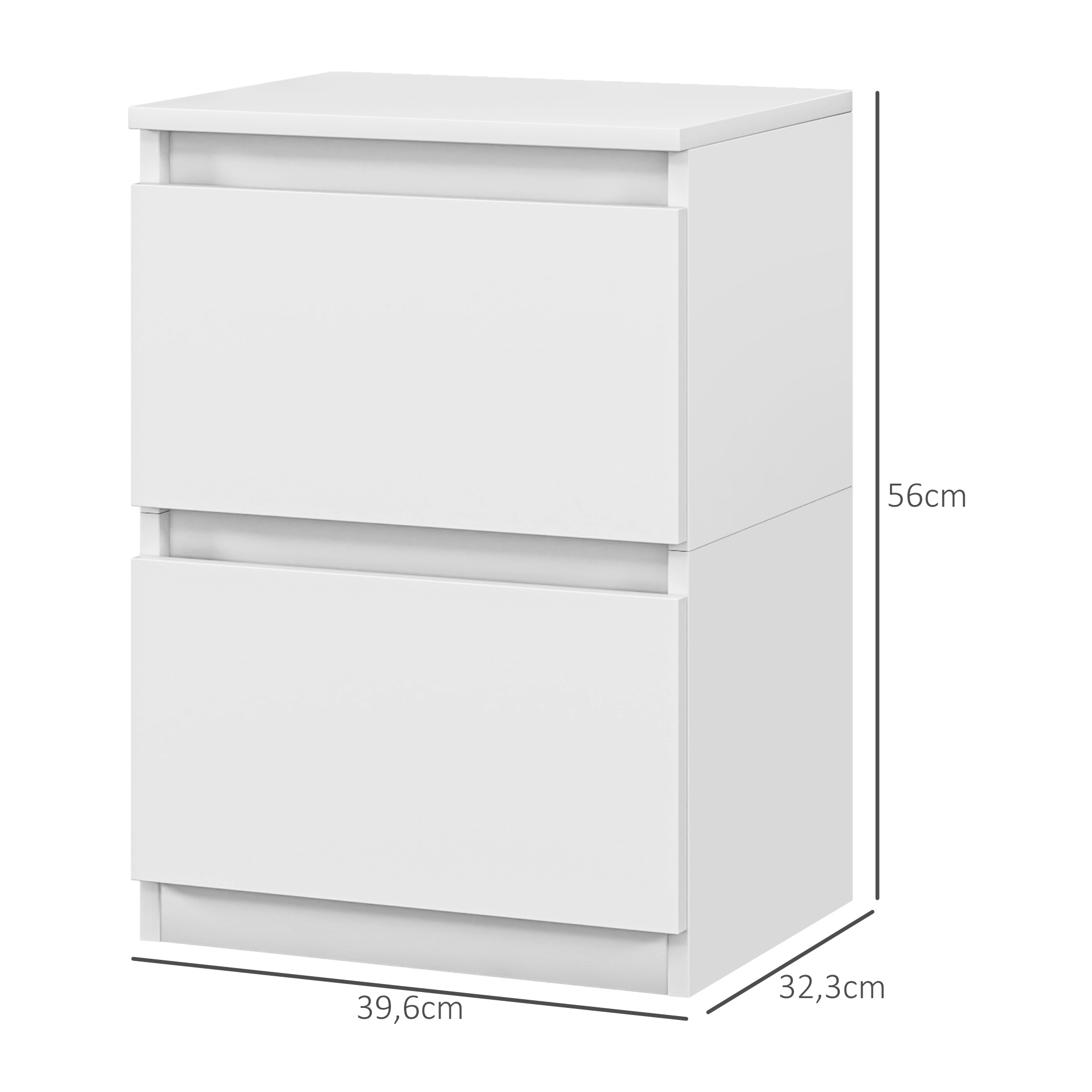 Ein weißer Schrank mit zwei Schubladen und Maßangaben. Der Schrank ist schlicht und modern gestaltet.