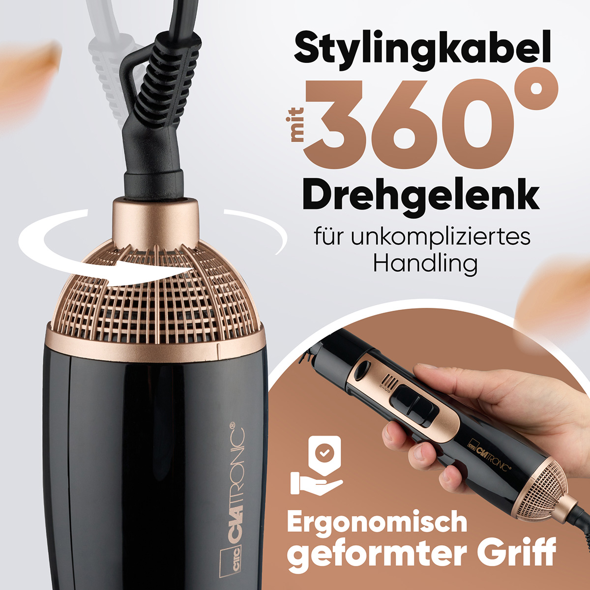 Czarna i złota suszarka do włosów z tekstem i strzałkami.