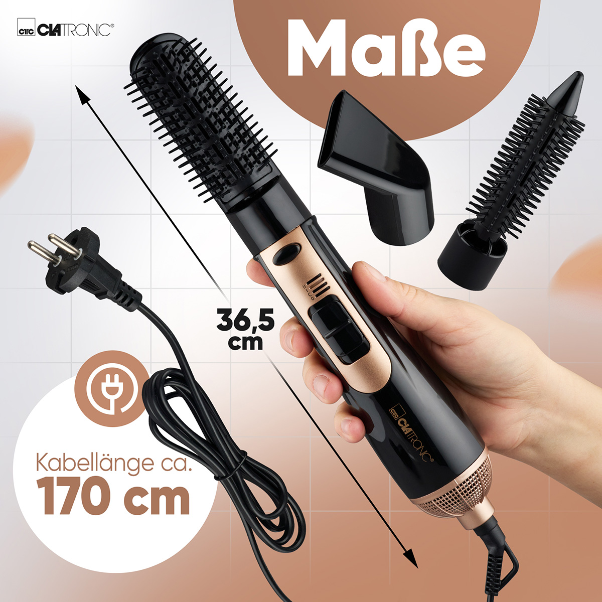 Szczotka do stylizacji włosów z nasadkami, kablem i wymiarami.