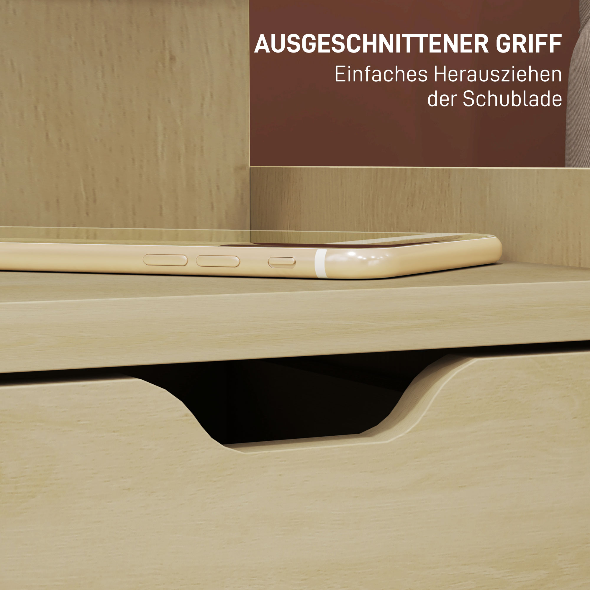 Ein Smartphone liegt auf einer beigen Schublade mit Griffaussparung. Text: Griffaussparung. Einfaches Herausziehen.