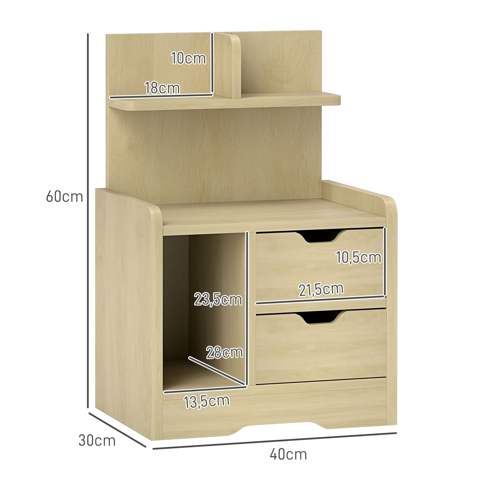 Nachttisch aus Holz mit Schubladen. Beige Holztöne, Abmessungen sind auf dem Bild angegeben.