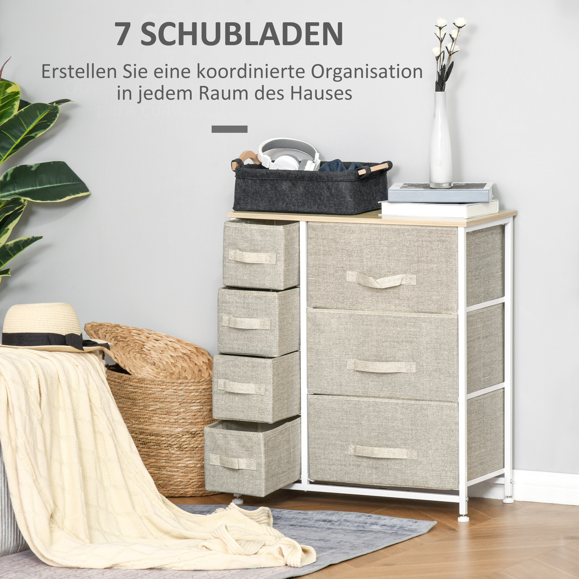 Ein Schrank mit Schubladen, Körben und einem Hut. Text: '7 Schubladen'.