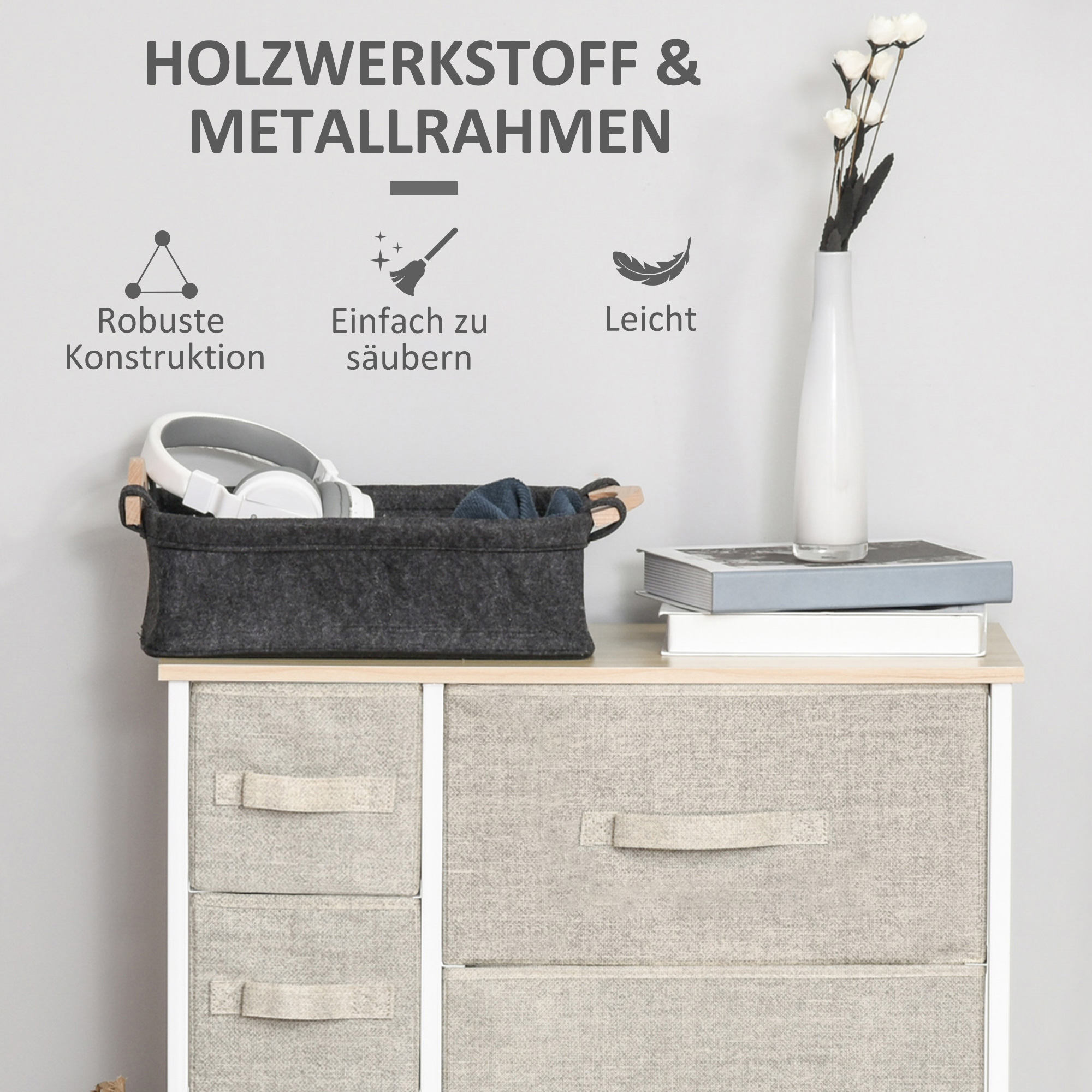 Ein Aufbewahrungsschrank mit Schubladen, einem Korb mit Gegenständen und Text über Materialien und Konstruktion.