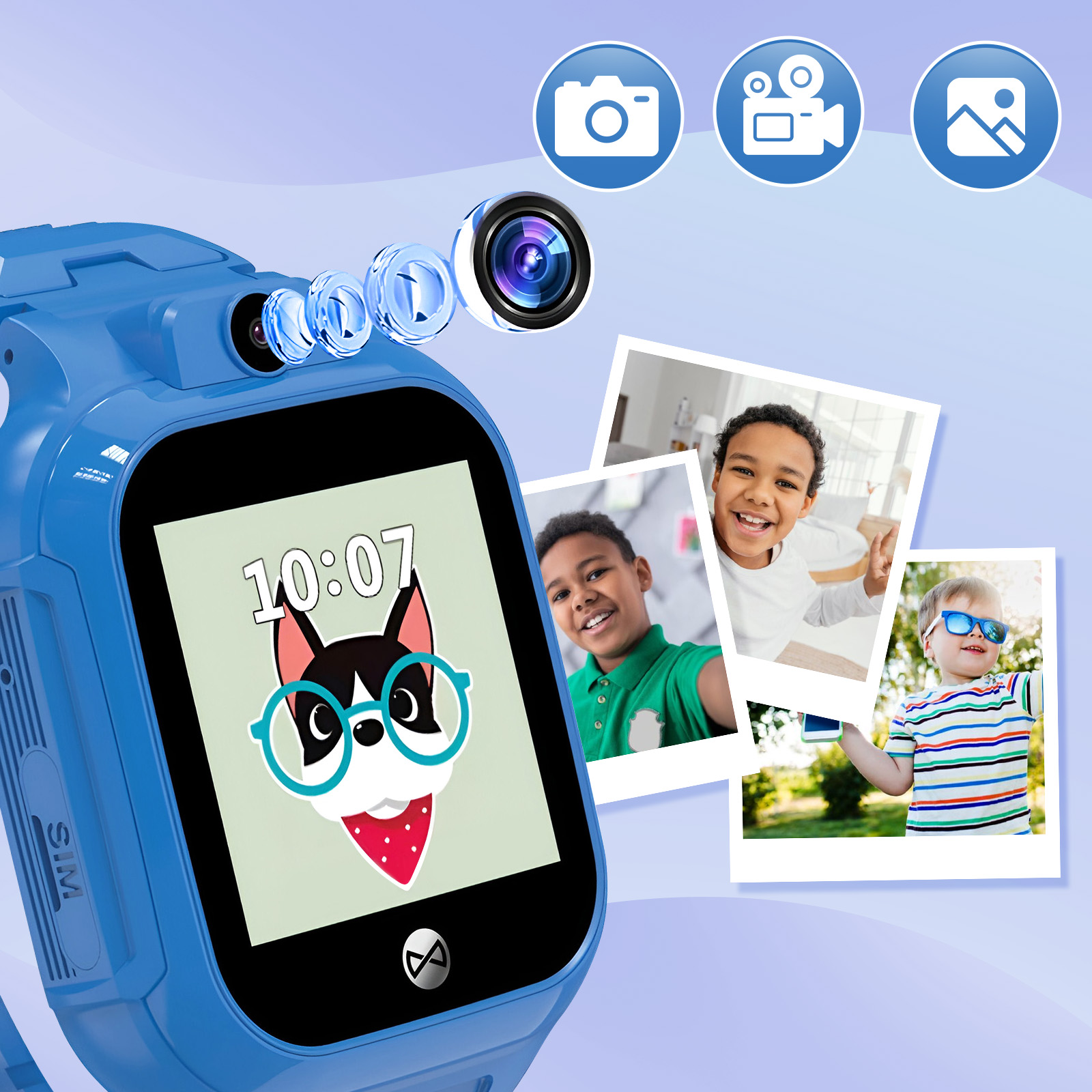 Niebieski smartwatch z psią twarzą na ekranie, zdjęciami dzieci i ikonami aparatu.