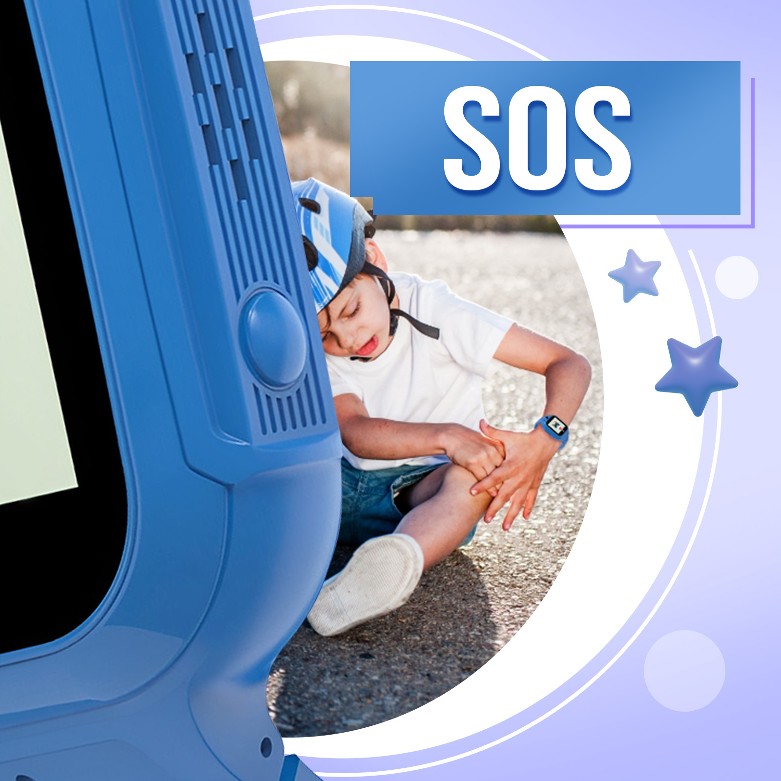 Dziecko z niebieskim zegarkiem na nadgarstku leży na ziemi. Słowo SOS znajduje się w niebieskim polu.