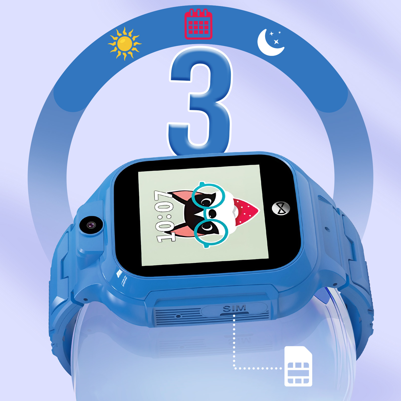 Niebieski smartwatch z psem z kreskówki na ekranie. Numer 3 oraz ikony słońca, kalendarza i księżyca.