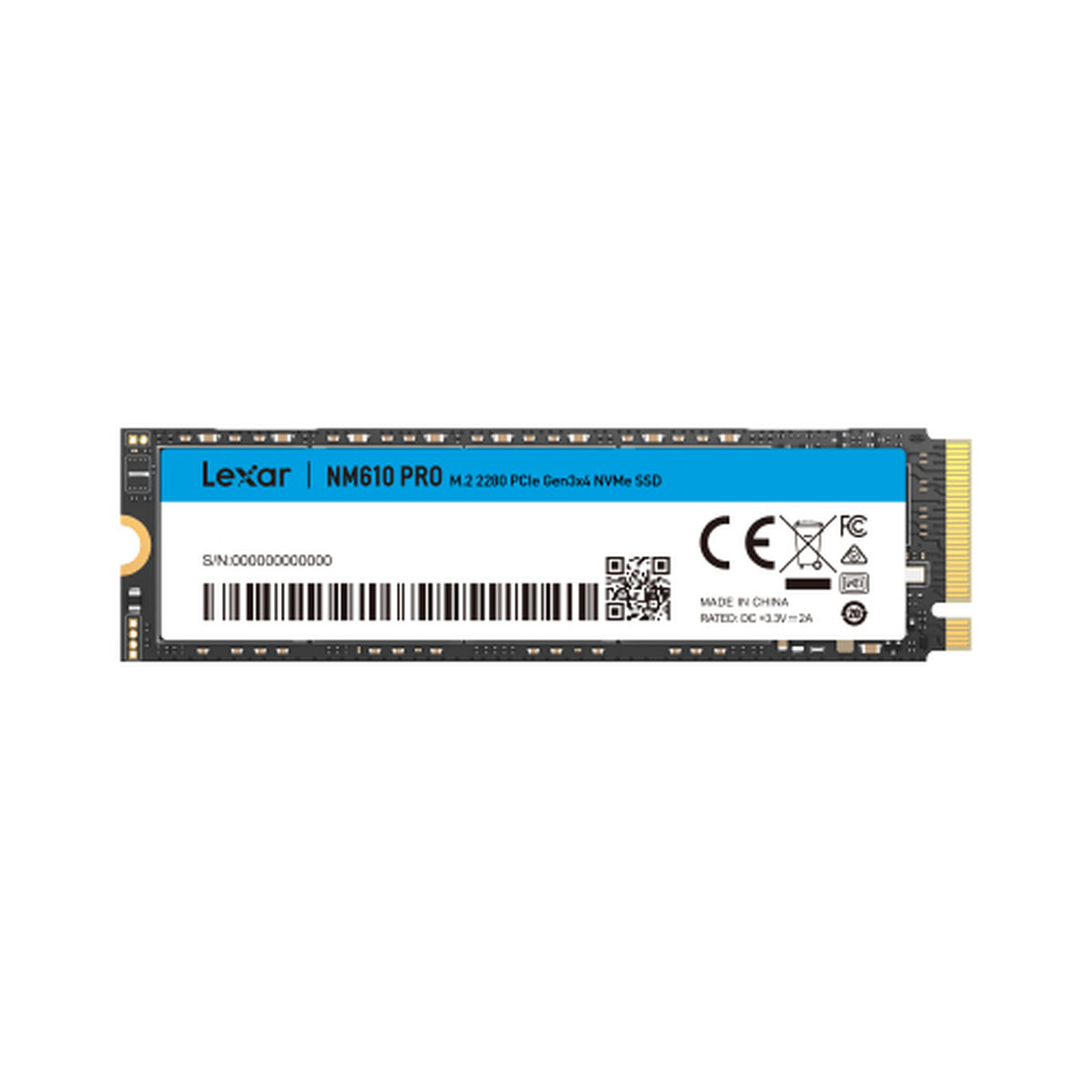 Niebiesko-czarny dysk SSD Lexar NM610 PRO z tekstem na białym tle.