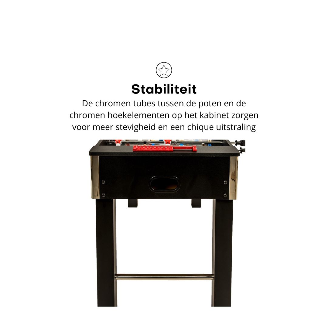 Zwarte tafelvoetbaltafel met zilveren poten en een rood bedieningspaneel. Tekst over stabiliteit.