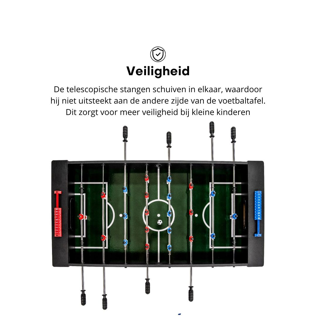 Een bovenaanzicht van een tafelvoetbaltafel met spelers in blauwe en rode uniformen.