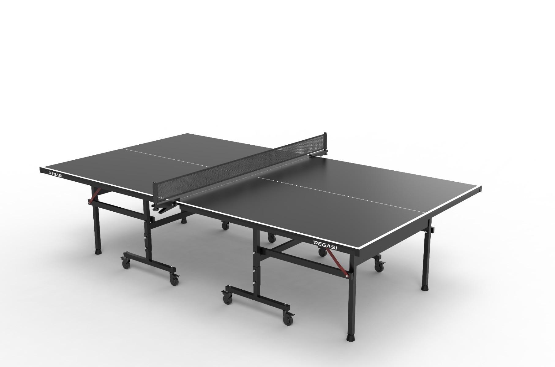 Black ping pong table, net, two halves, with a white border and black legs.
