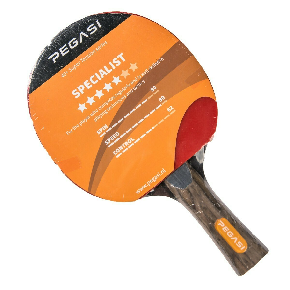 Orange and black table tennis racket with text. It says "SPECIALIST" and "PEGASI".