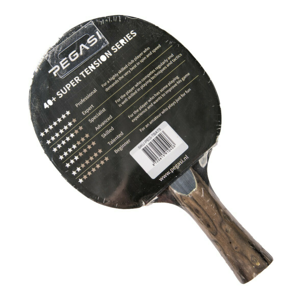 Table tennis paddle, black blade, wooden handle, and a plastic wrap.
