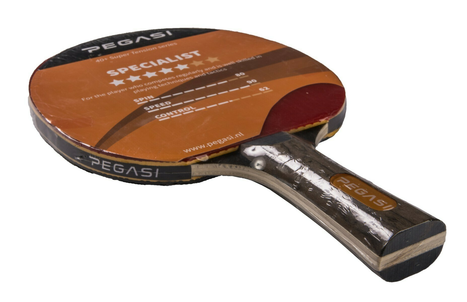 Ping pong paddle in packaging, brown surface, black handle.