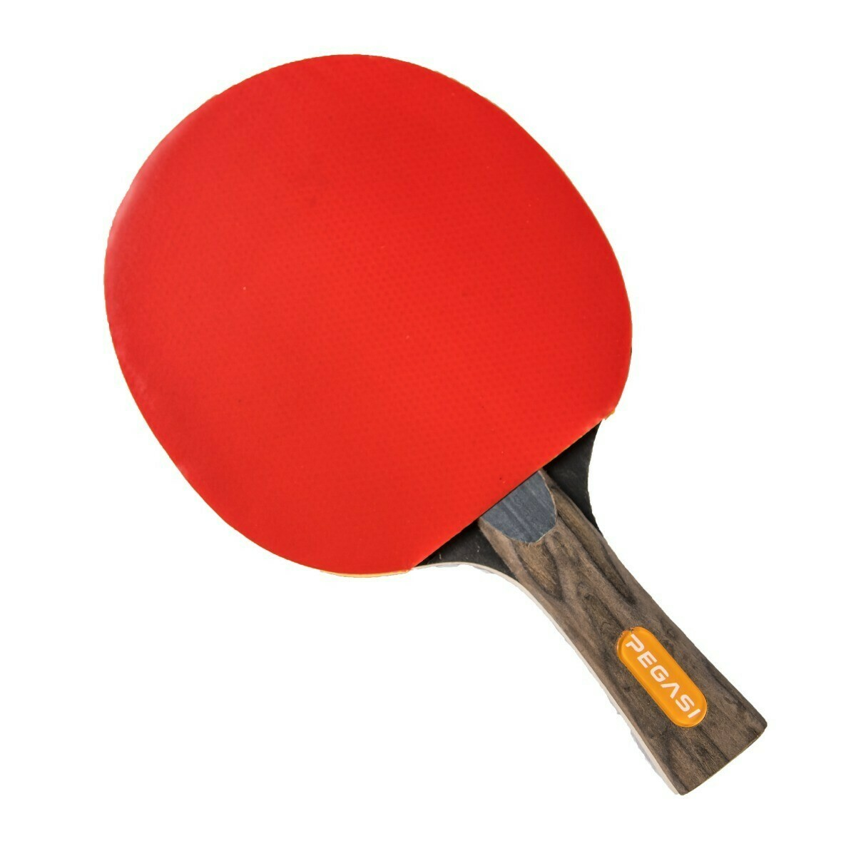 Ping pong paddle. Red rubber on the hitting surface, wooden handle with a logo.