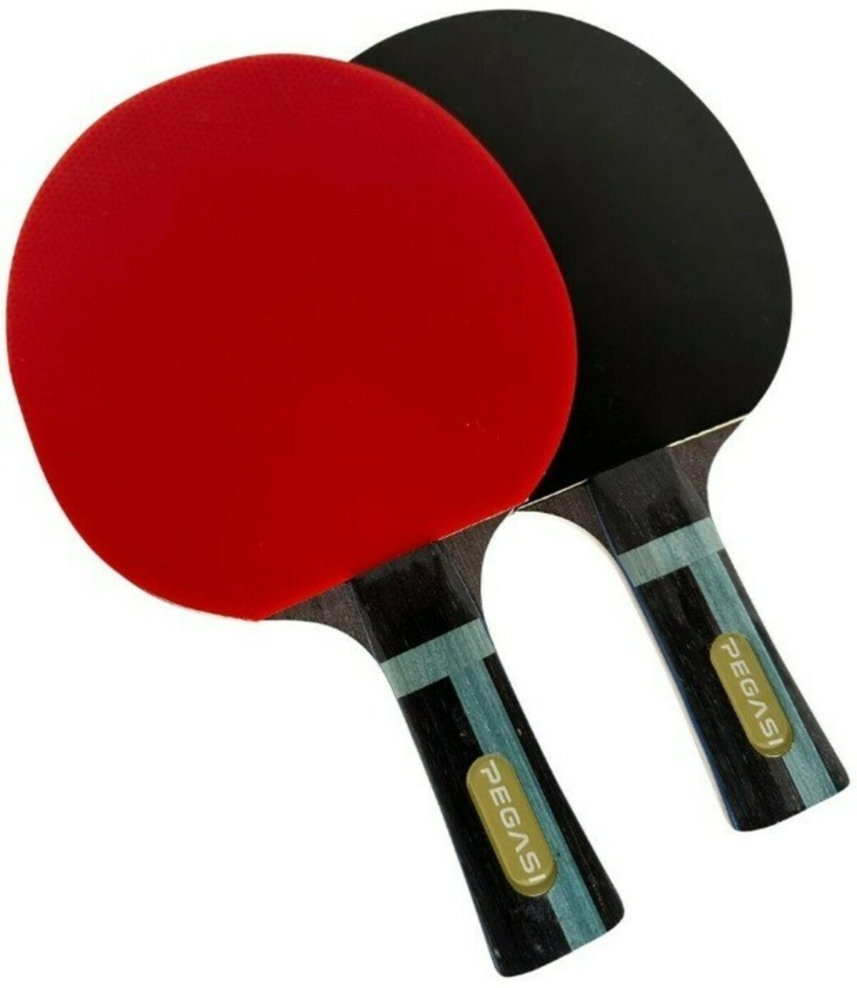 Twee tafeltennisrackets. Eén is rood en zwart en de andere is zwart en grijs. Ze zeggen allebei PEGASI.