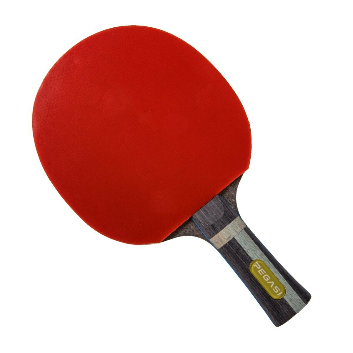 Tafeltennisbatje. Rood rubber op het slagvlak, houten handvat met logo.
