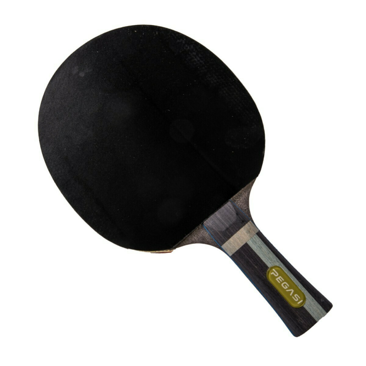 Zwart tafeltennisracket, rubberen oppervlak, houten handvat, PEGASi logo.
