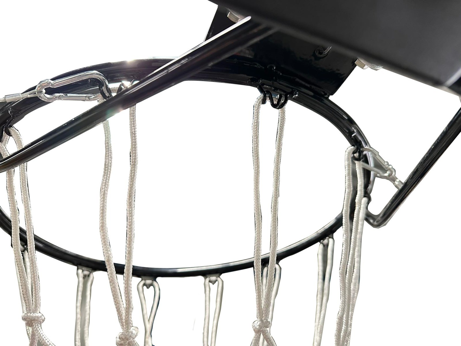 Basketball hoop, black rim, white net, and metal support structure.