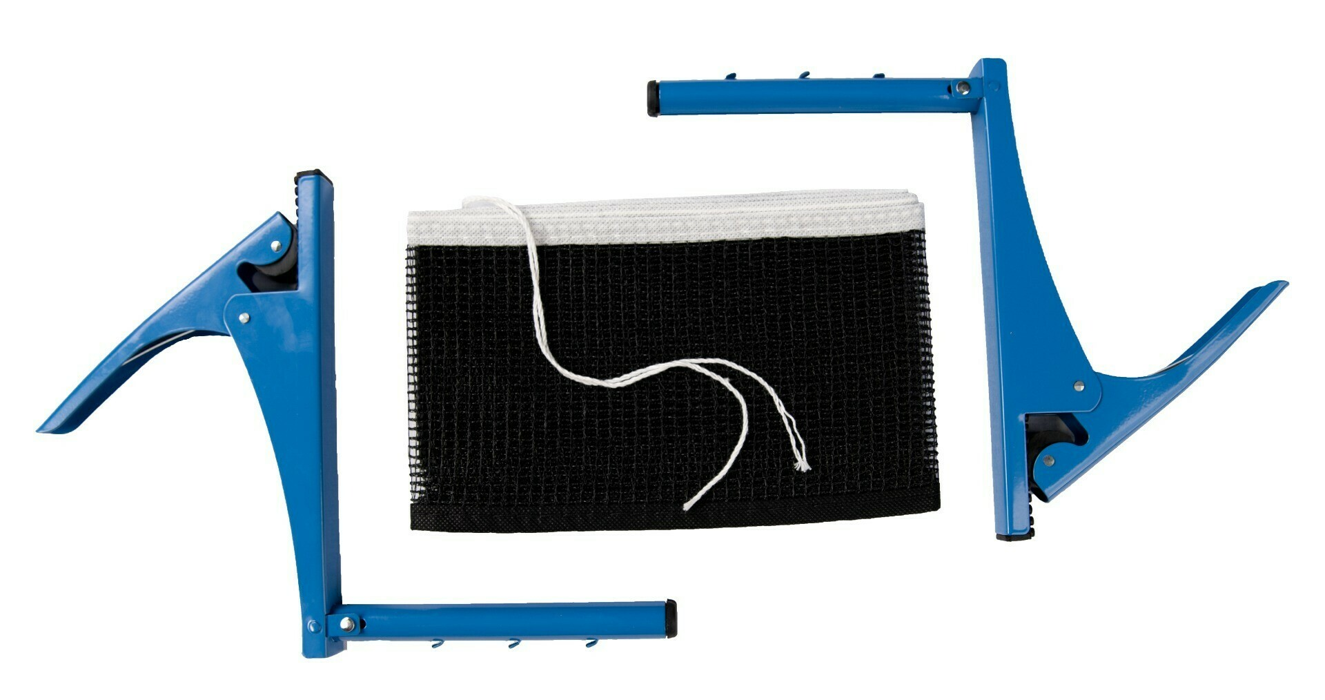 Table tennis net set with blue brackets and a black net. The net is white at the top.