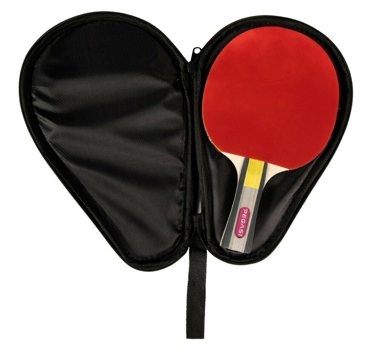 Ping pong paddle in a case, red surface, black case.