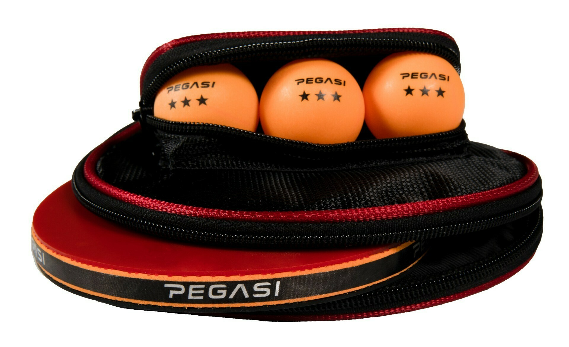Orange ping pong balls in a black case with a red trim. The balls have star icons and the word 'PEGASI'.