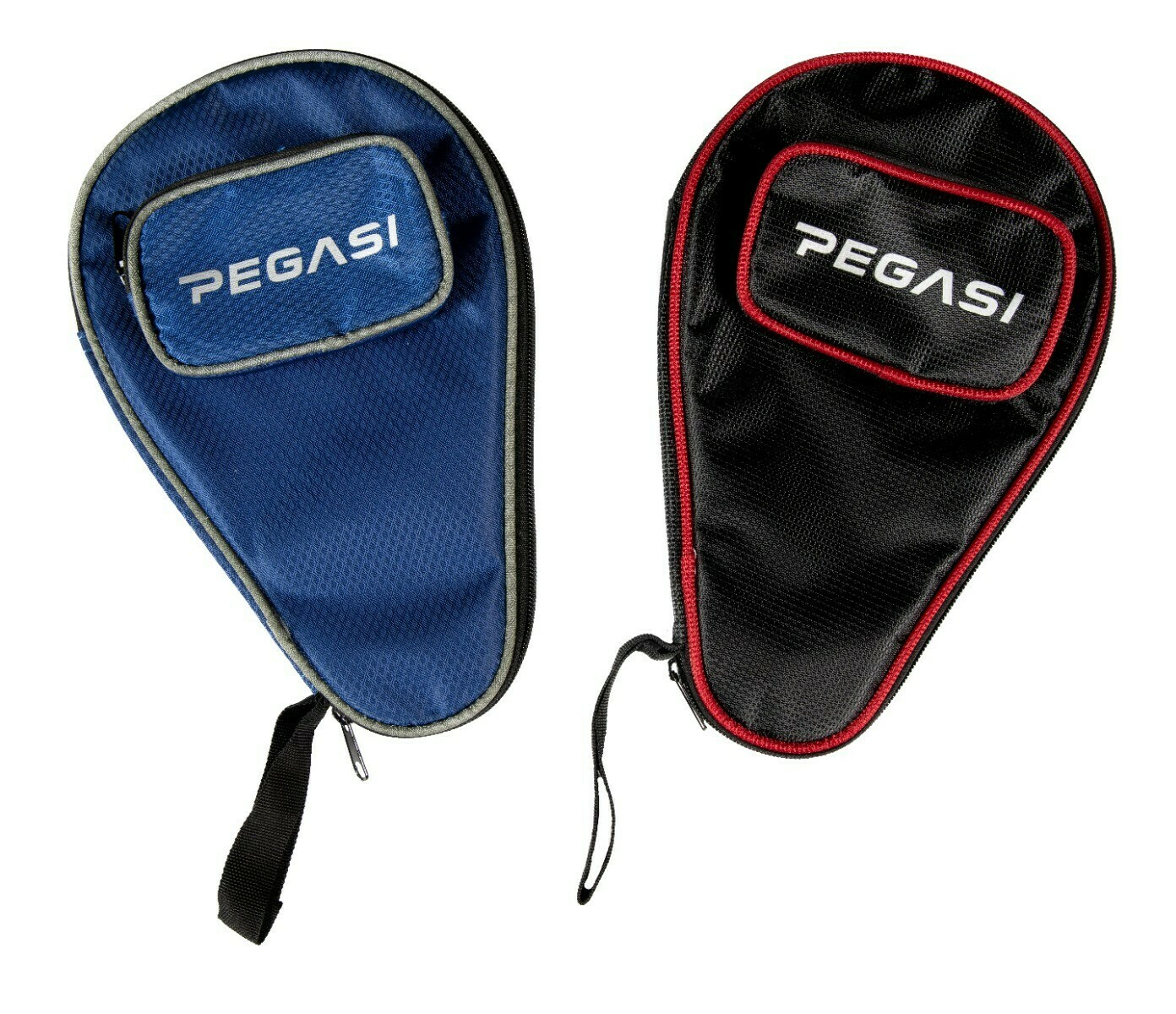 Two table tennis racket cases: one blue, one black. Both with the name 'PEGASI'.