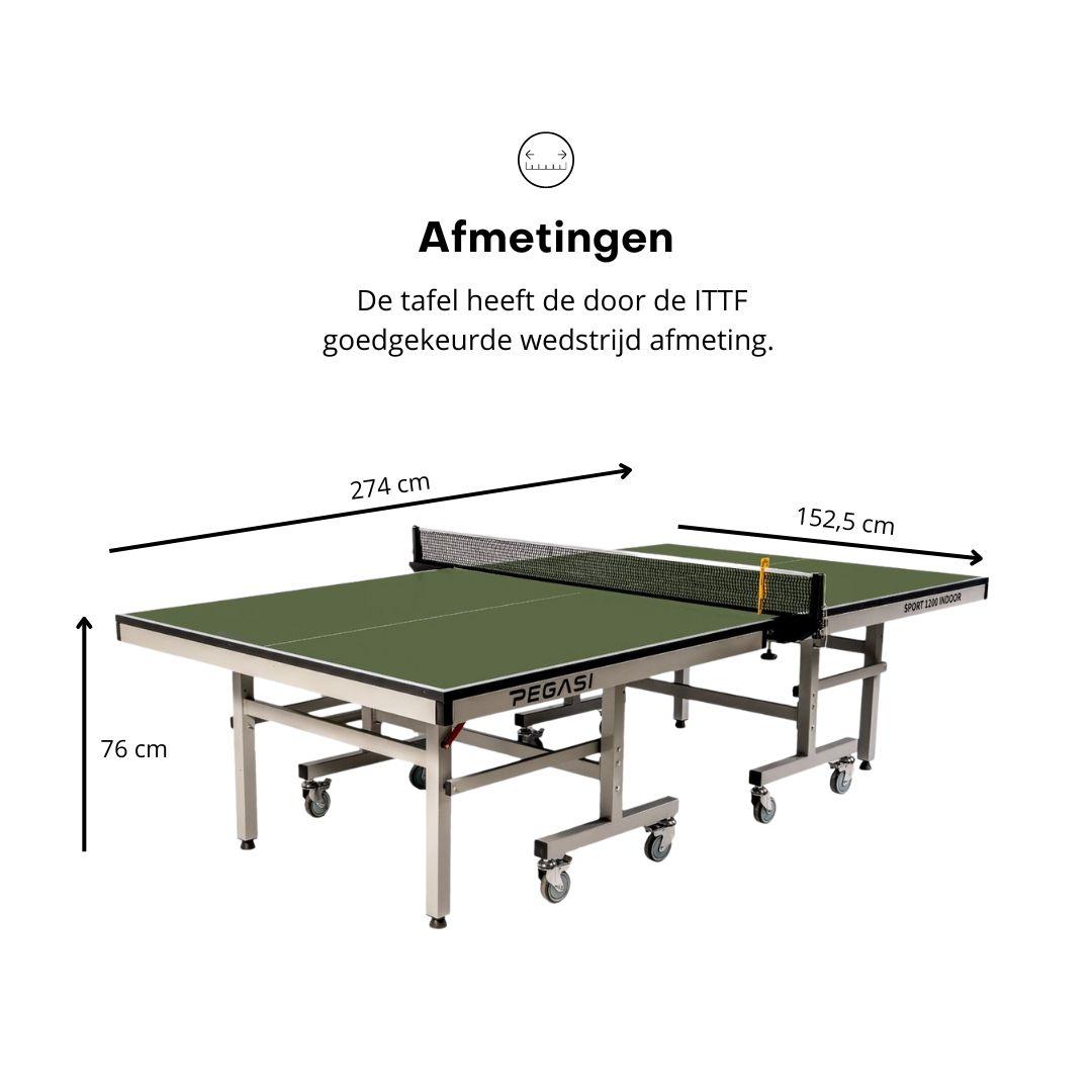 A ping pong table with dimensions shown: 274 cm long, 152.5 cm wide, and 76 cm high. It is green.