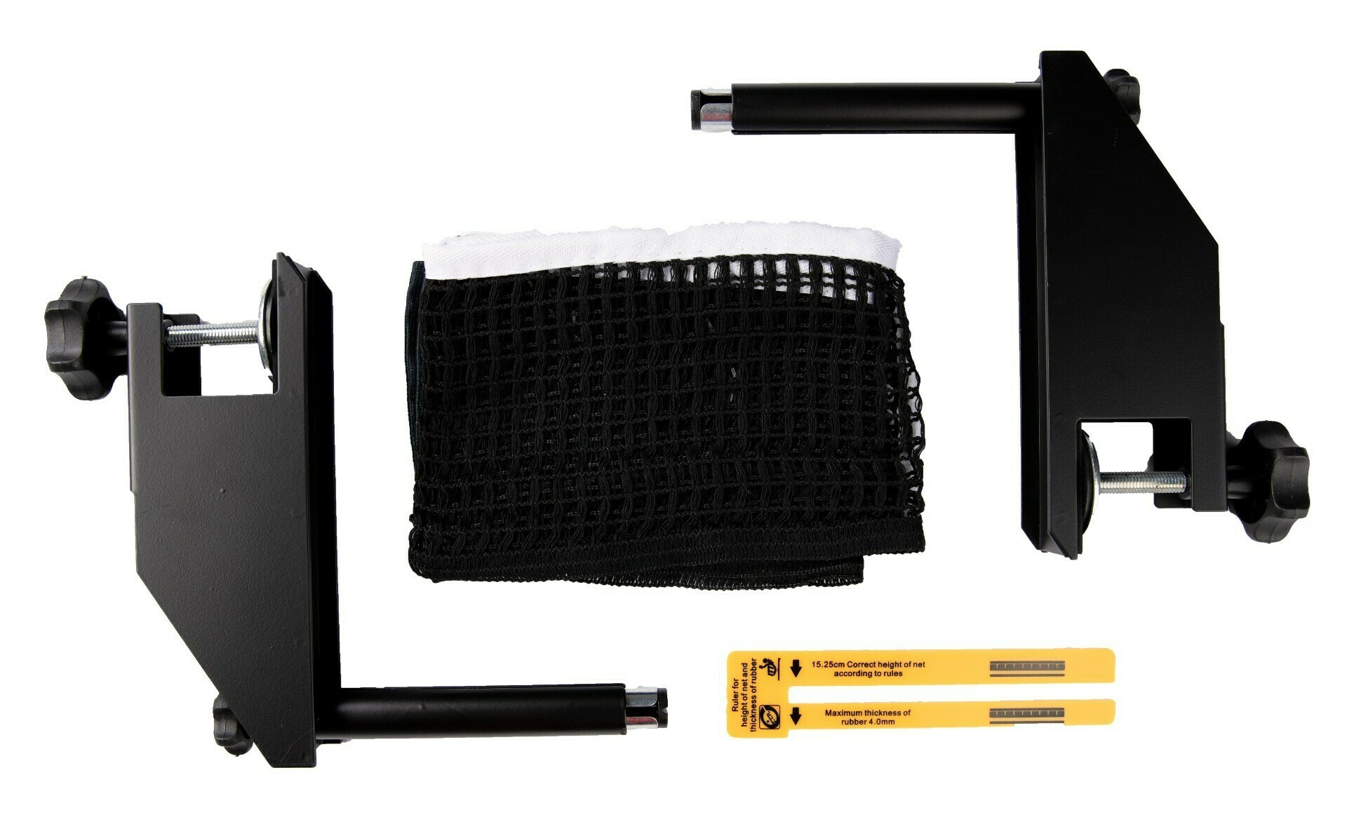 Table tennis net with black supports and clamps, with yellow height measuring guide.