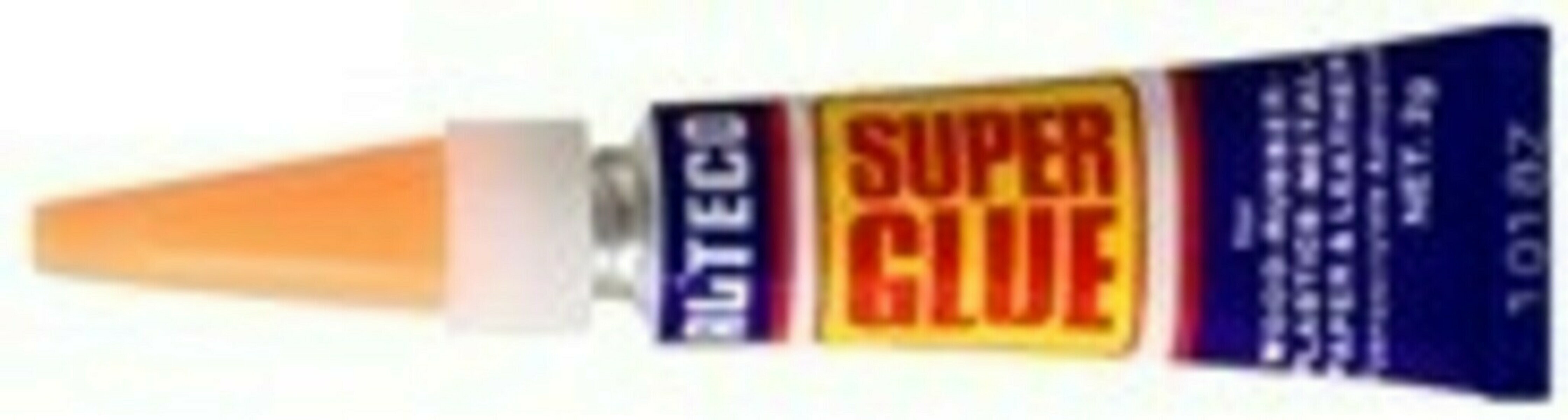 Een tube SUPER GLUE met een oranje punt. Het etiket is rood en geel met witte tekst.