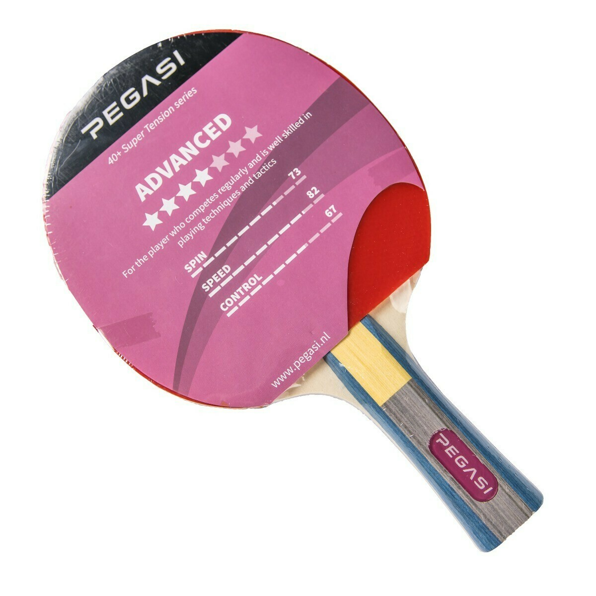 A pink and white ping pong paddle. The paddle has a red rubber surface and a blue handle.