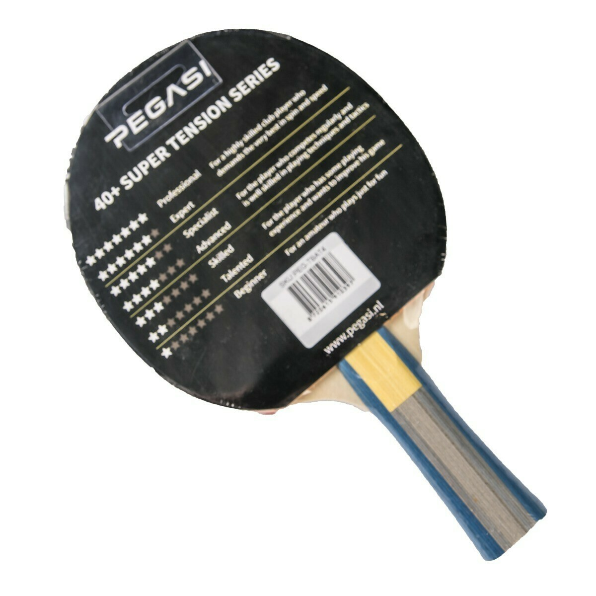 Ping pong paddle with black surface, white stars and text. Blue and yellow handle.