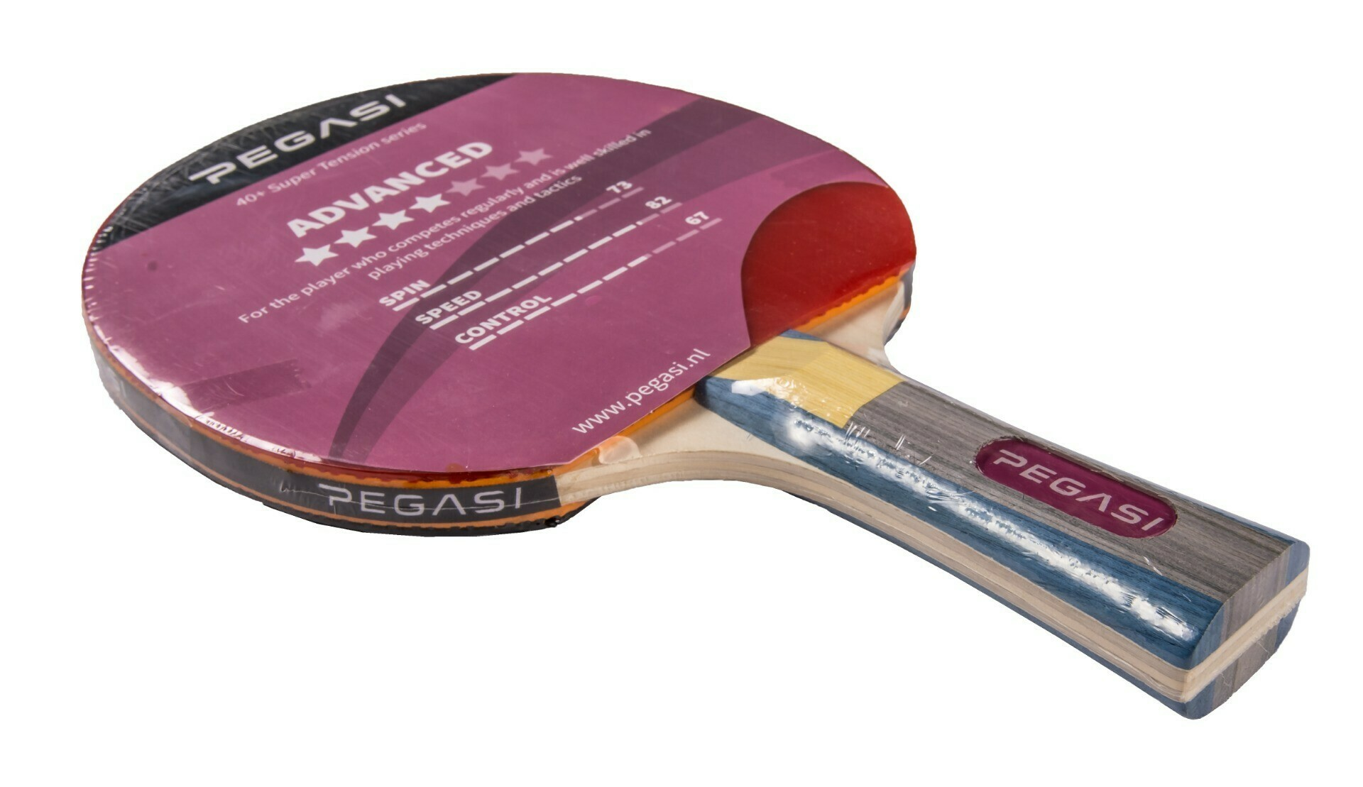 Ping pong paddle in plastic packaging, red and black, with product information.