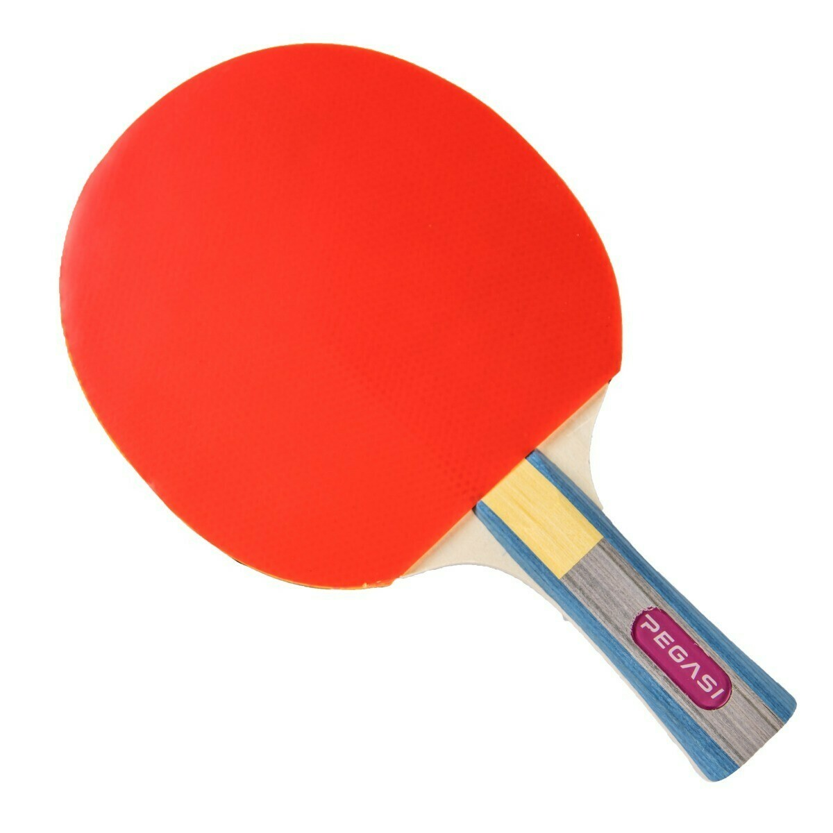 Red ping pong paddle with a black handle. The handle has the word 'PEGASI' on it.