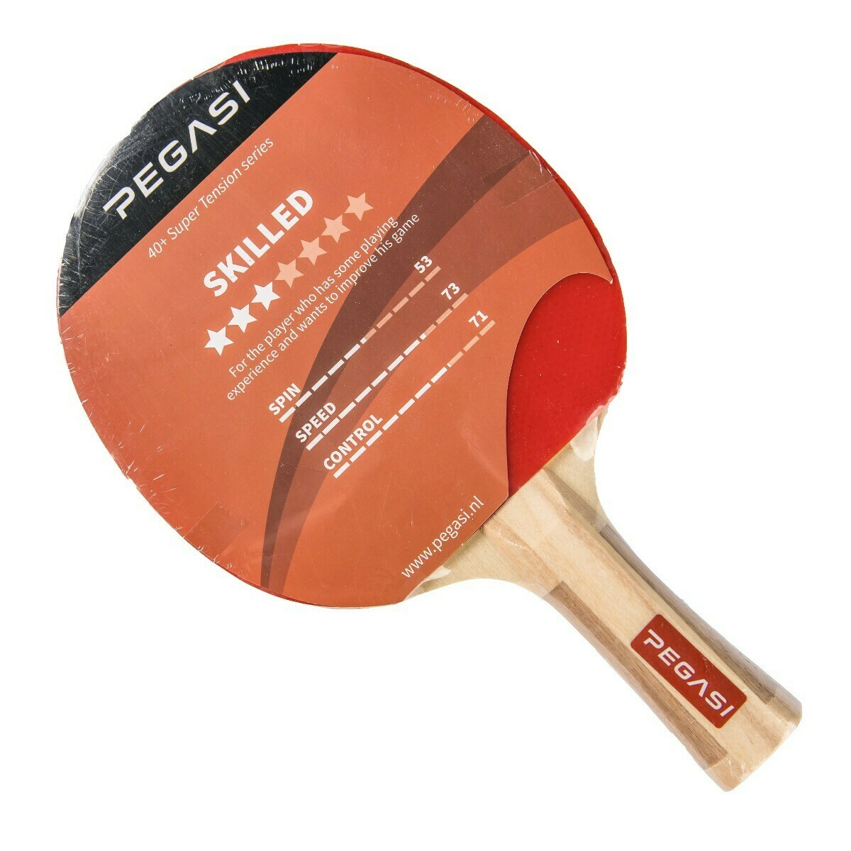 A ping pong paddle with red and orange surface.