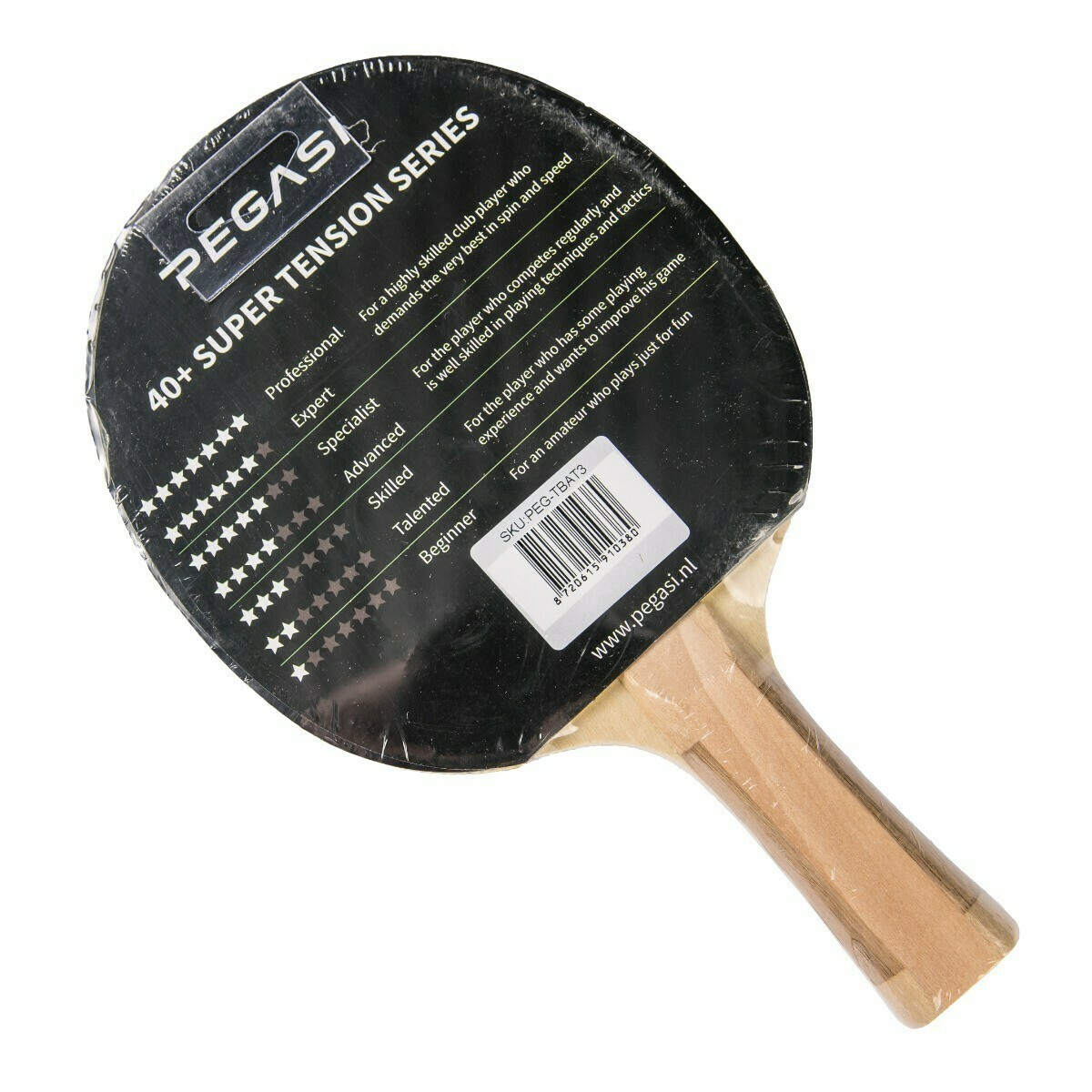 Ping pong paddle with black surface, wooden handle, and text. Packaged in plastic, white background.