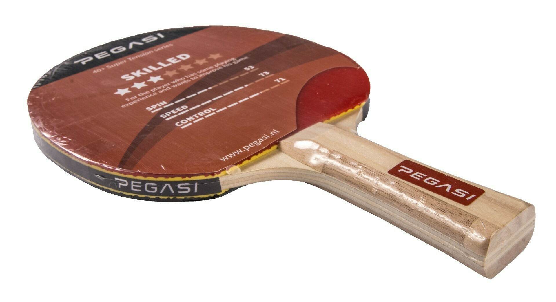 Table tennis racket with red rubber and wooden handle. Brand name is visible.