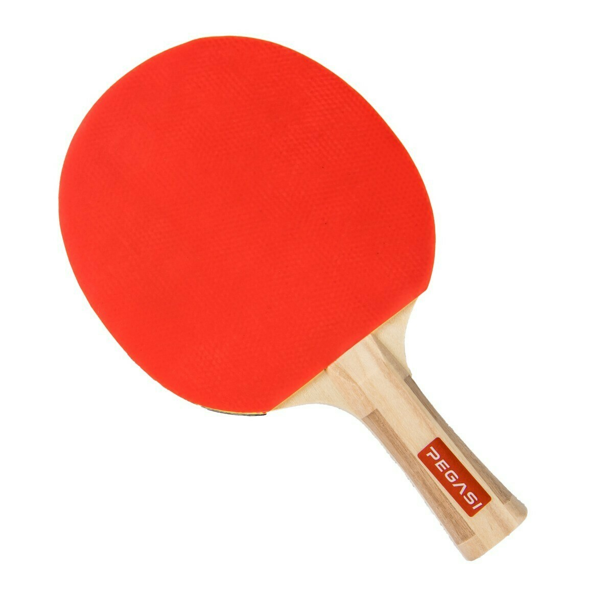Red table tennis racket, red rubber, wooden handle, PEGASi logo.