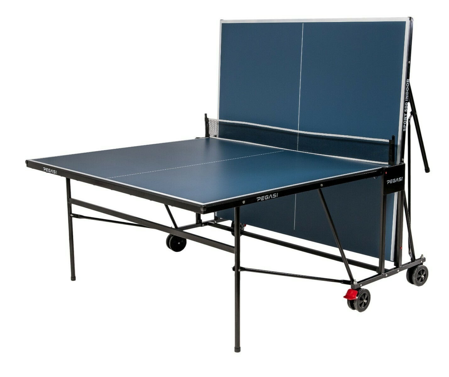 Blue table tennis table with net, on wheels, with a white background.