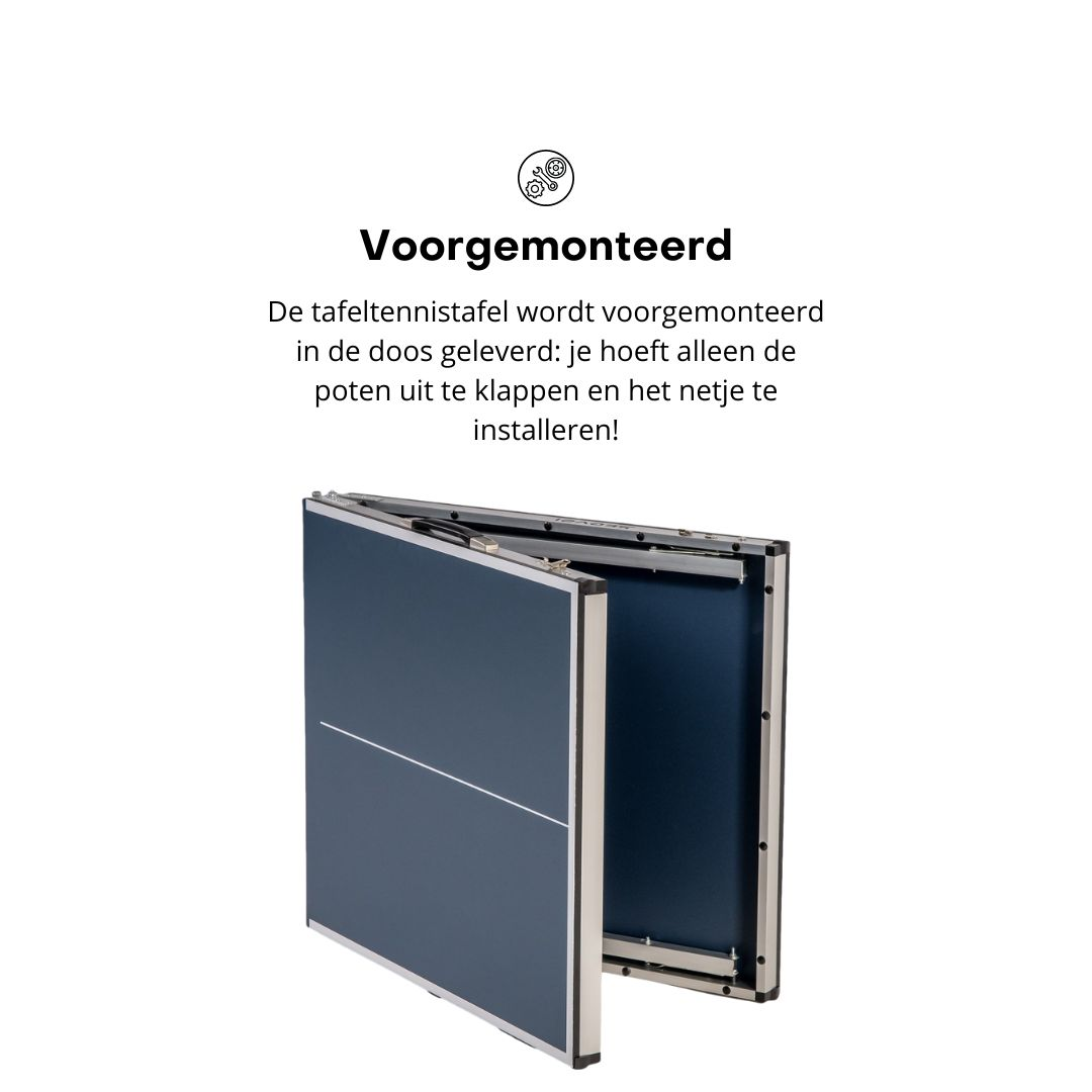 Folded blue ping pong table. White lines on the surface. Metal frame. Text says pre-assembled.
