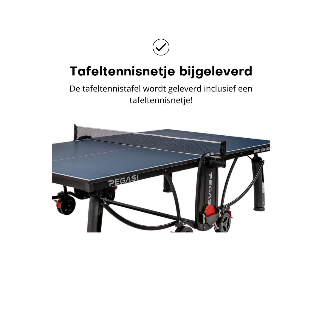 A blue table tennis table with a net, on wheels, with text about the net included.
